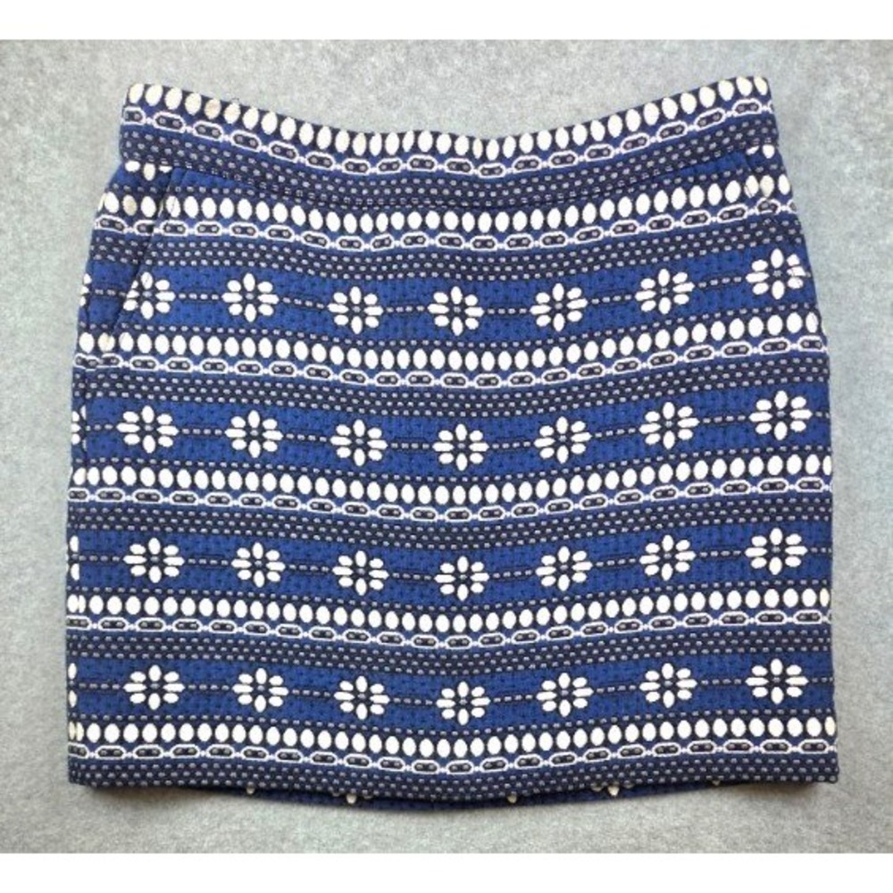 J.Crew Blue White Floral Jacquard Mini Skirt Size 8 Pockets Geometric Pattern
